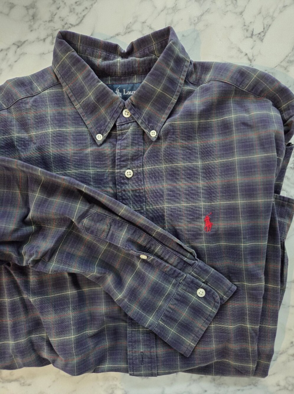 Vtg Ralph Lauren Mens Large Navy Blue/Green Plaid Long Sleeve Button Down Shirt